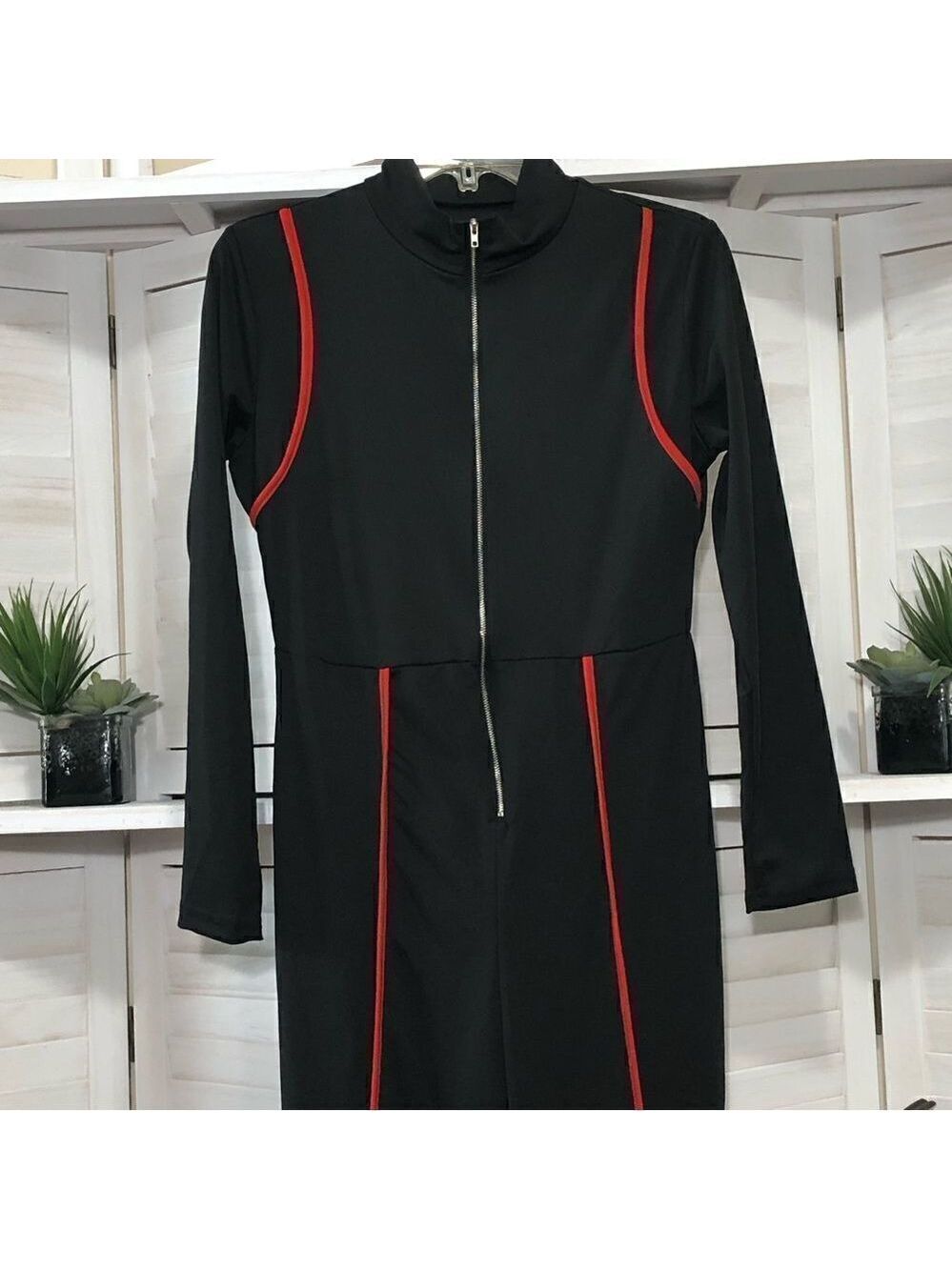 Y2K Vintage Catsuit Jumpsuit Black Red Piping S M - Picture 7 of 8